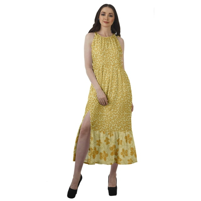 Moomaya Robe Longue Maxi de Fête pour Femmes en Rayonne Imprimée à Encolure Licou avec Fente avant