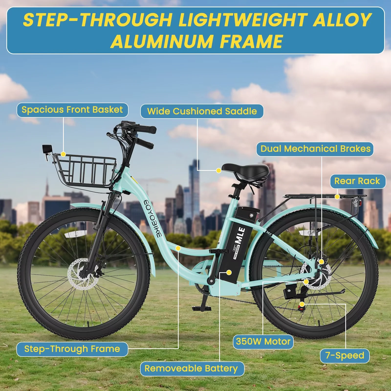 Lilypelle Electric Bike for Unisex Adults,24/26" 7-Speed Step Thru Electric Bicycle ,36V,20MPH