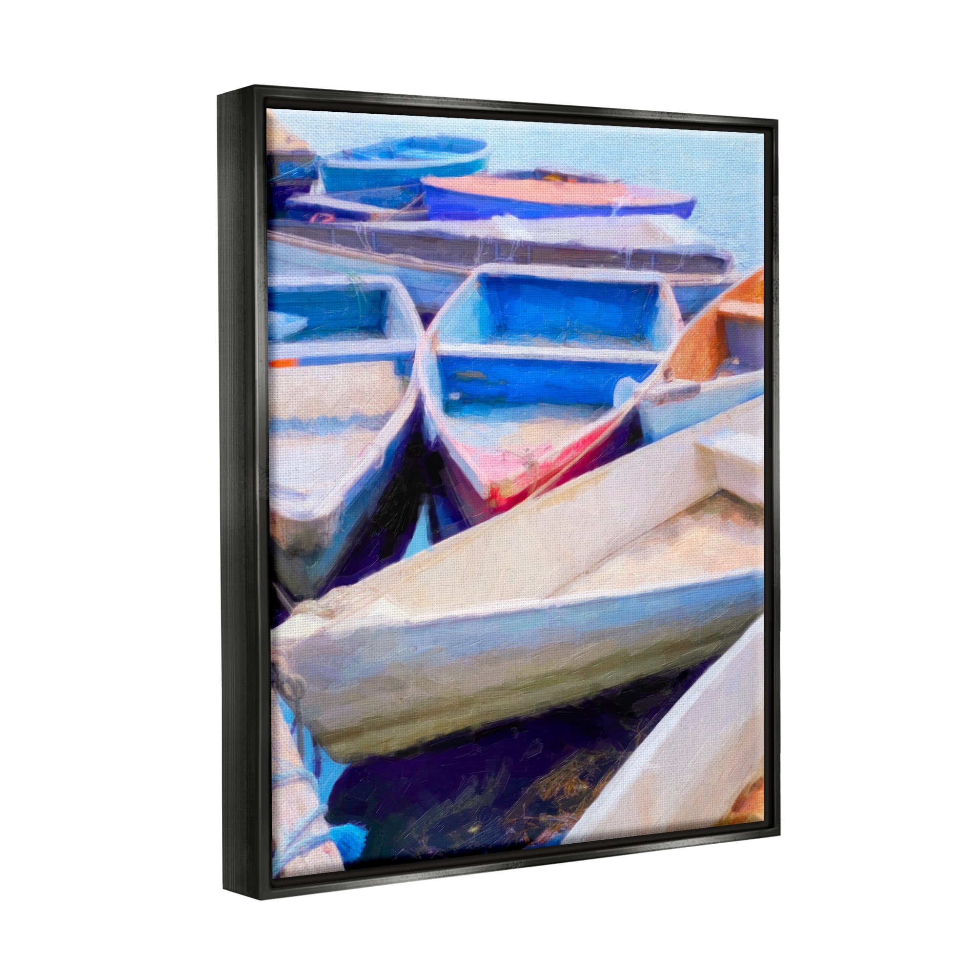 Stupell Industries Rowboats at Dock Painting Transportation Painting Black Floater Framed Art Print Wall Art, 25 x 31