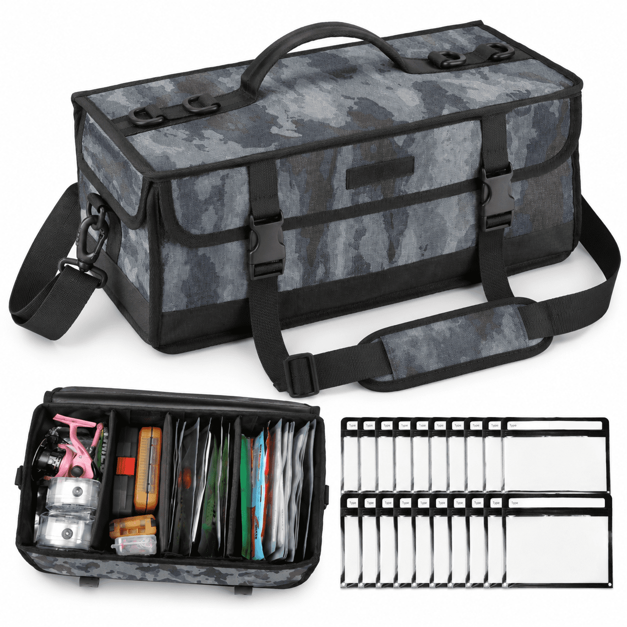 Black Soft Plastic Fishing Bait and Tackle Bag with 20 Pouches