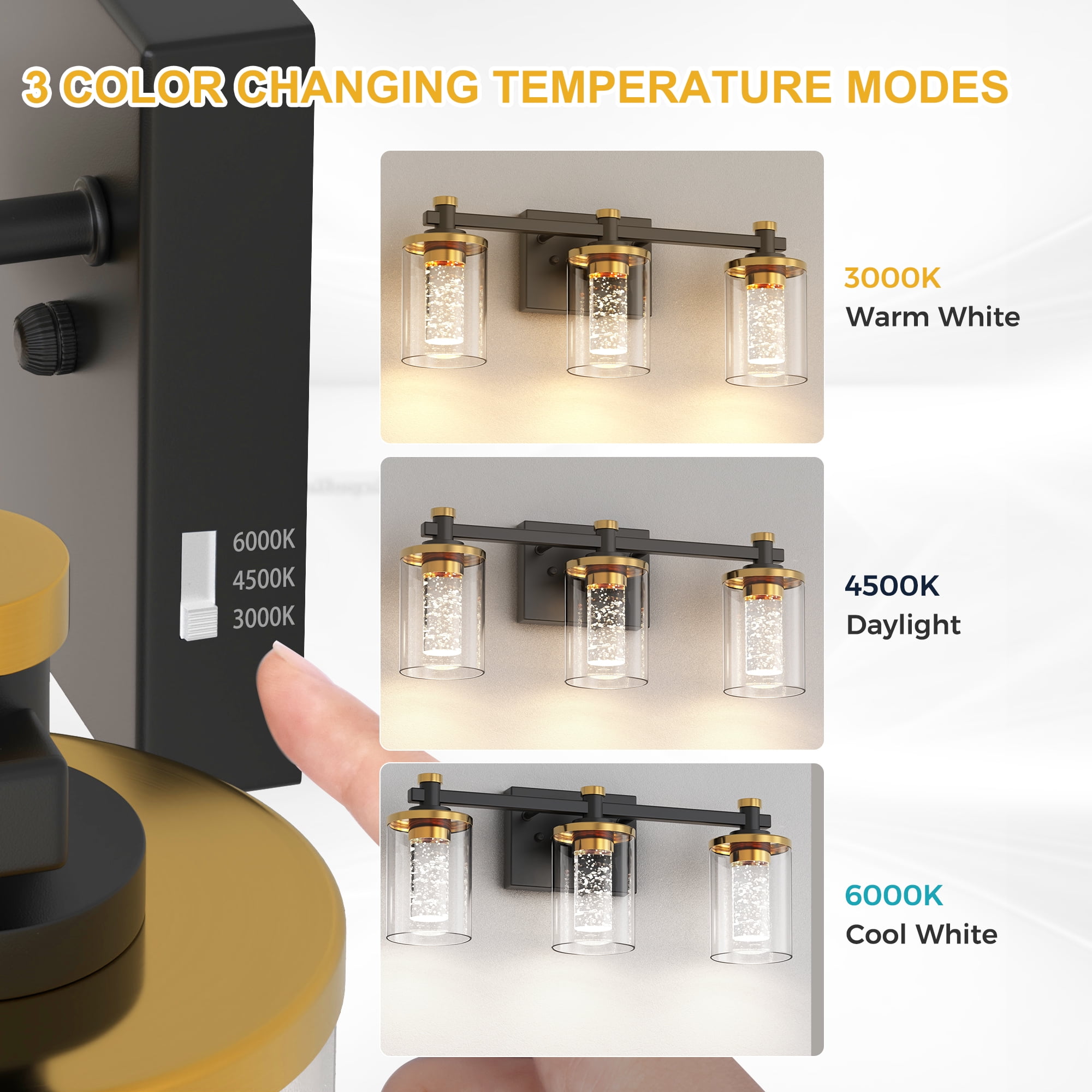 YANSUN 19.7 in Modern 3-Light Black and Gold Crystal LED Vanity Light with Clear Glass Shades, 3CCT Lighting for Bathroom, Powder Room, Vanity Table