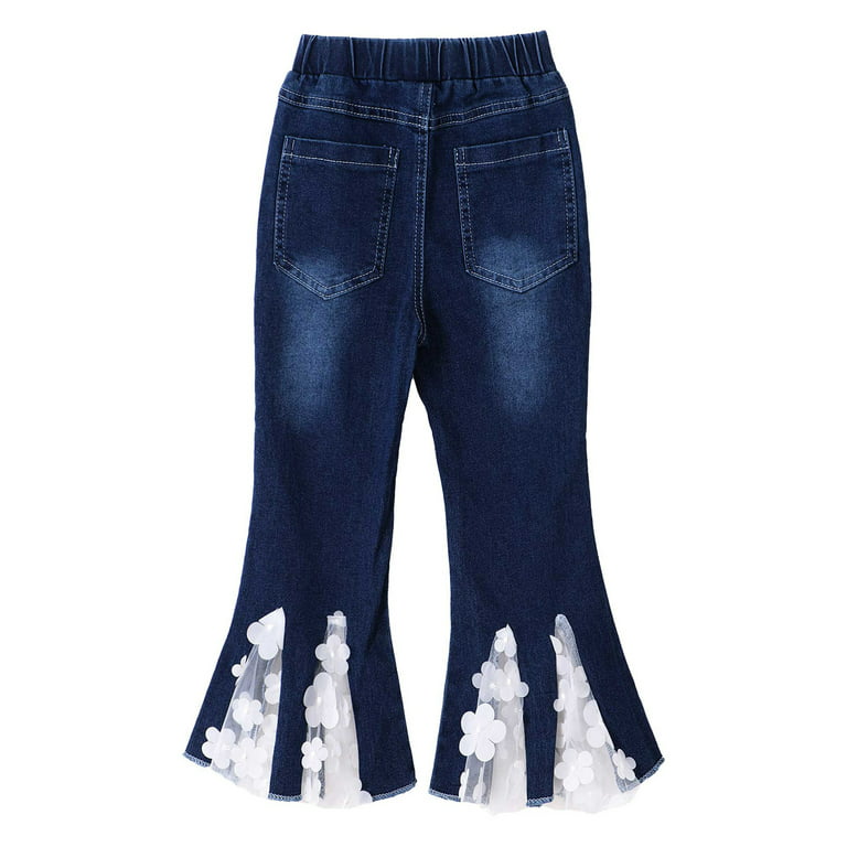 DPOIS Kid Girls Basic Skinny Jeans Bell Bottoms Ruffle Hem Flared Denim  Pants 