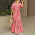 thumbnail image 2 of PBFRDSJ Womens Summer Dresses V Neck Striped Button Down Shirt Dress Half Sleeve Tiered Maxi Sundress with Adjustable Belt, 2 of 5