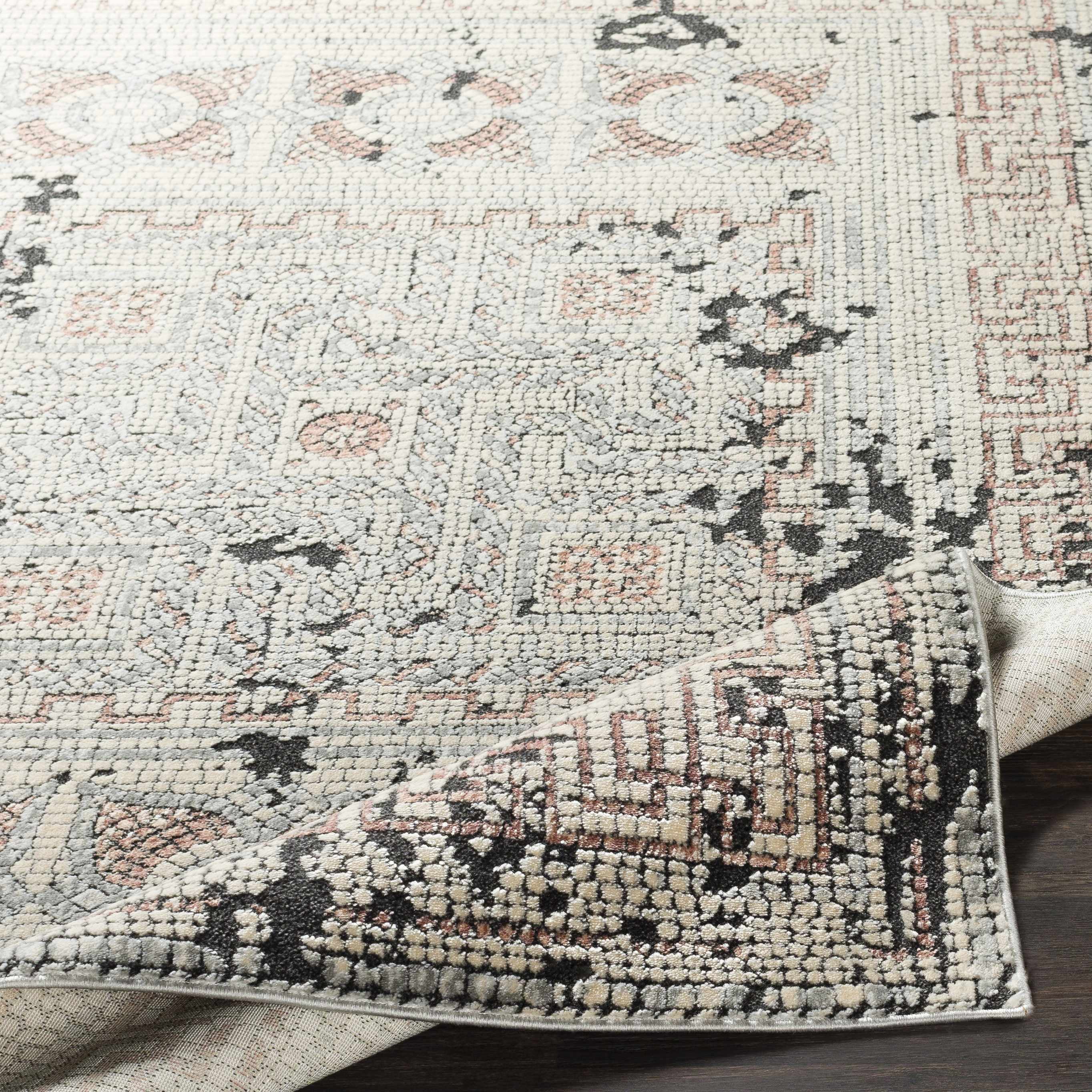 Hauteloom Whitestown Bohemian Mosaic Tile Living Room, Bedroom Area Rug - Vintage Distressed - Oriental Boho Faded Look - Pale Pink, Cream, Beige - 5'1" x 7'3"