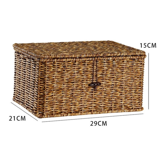 Caja de almacenamiento tejida de ratán de imitación de plástico con tapa Cesta de almacenamiento para el hogar Caja de almacenamiento de escritorio