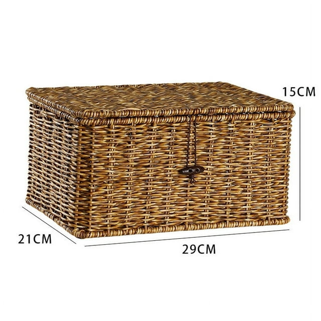 Caja de almacenamiento tejida de ratán de imitación de plástico con tapa Cesta de almacenamiento para el hogar Caja de almacenamiento de escritorio