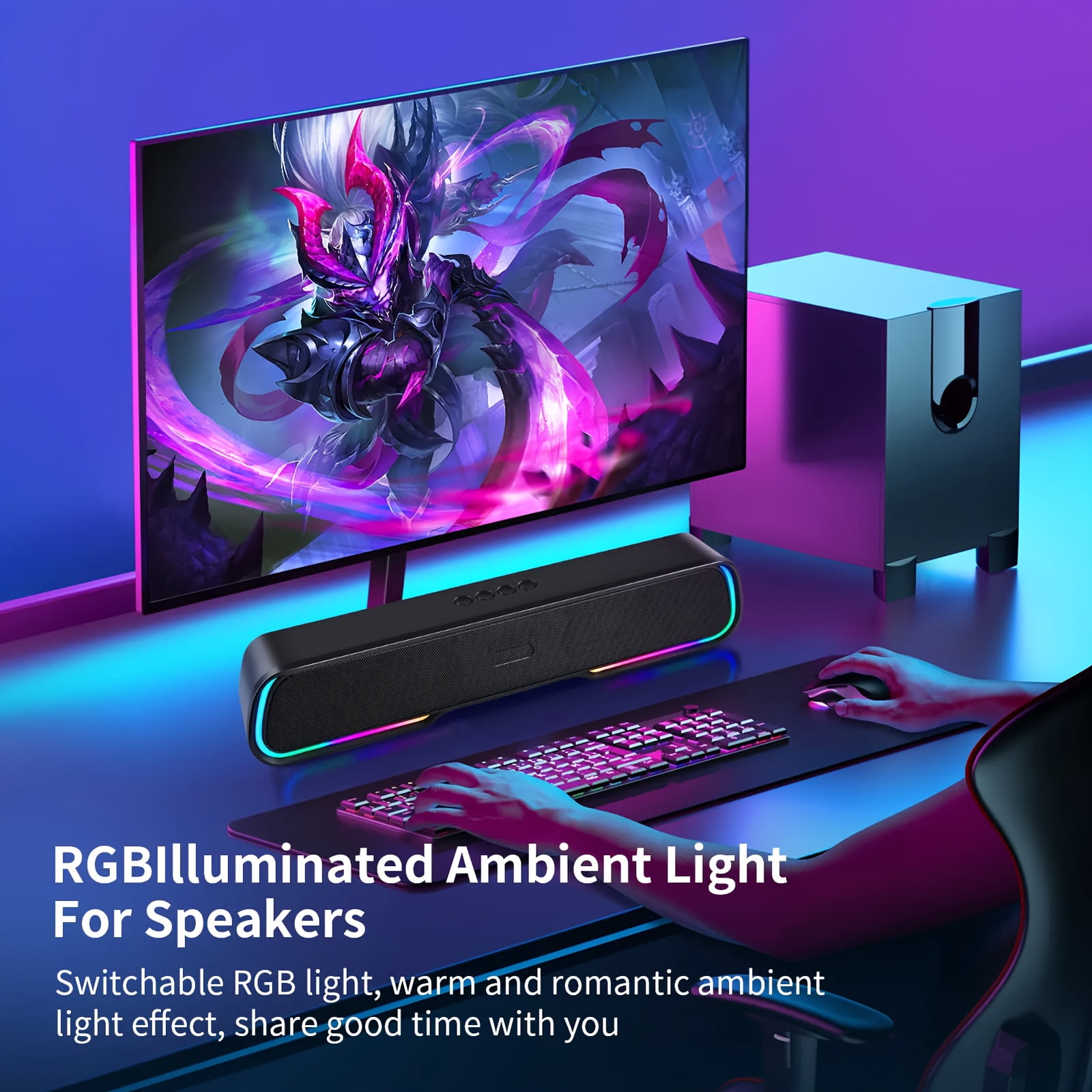 Wireless TV Sound Bar Computer Speakers, Adjustable RGB PC Gaming Speakers with Enhanced Bass And Volume Control, Stereo USB Powered 3.5mm Aux Multimedia Speakers for Laptop/Desktop/Tablets/Phone