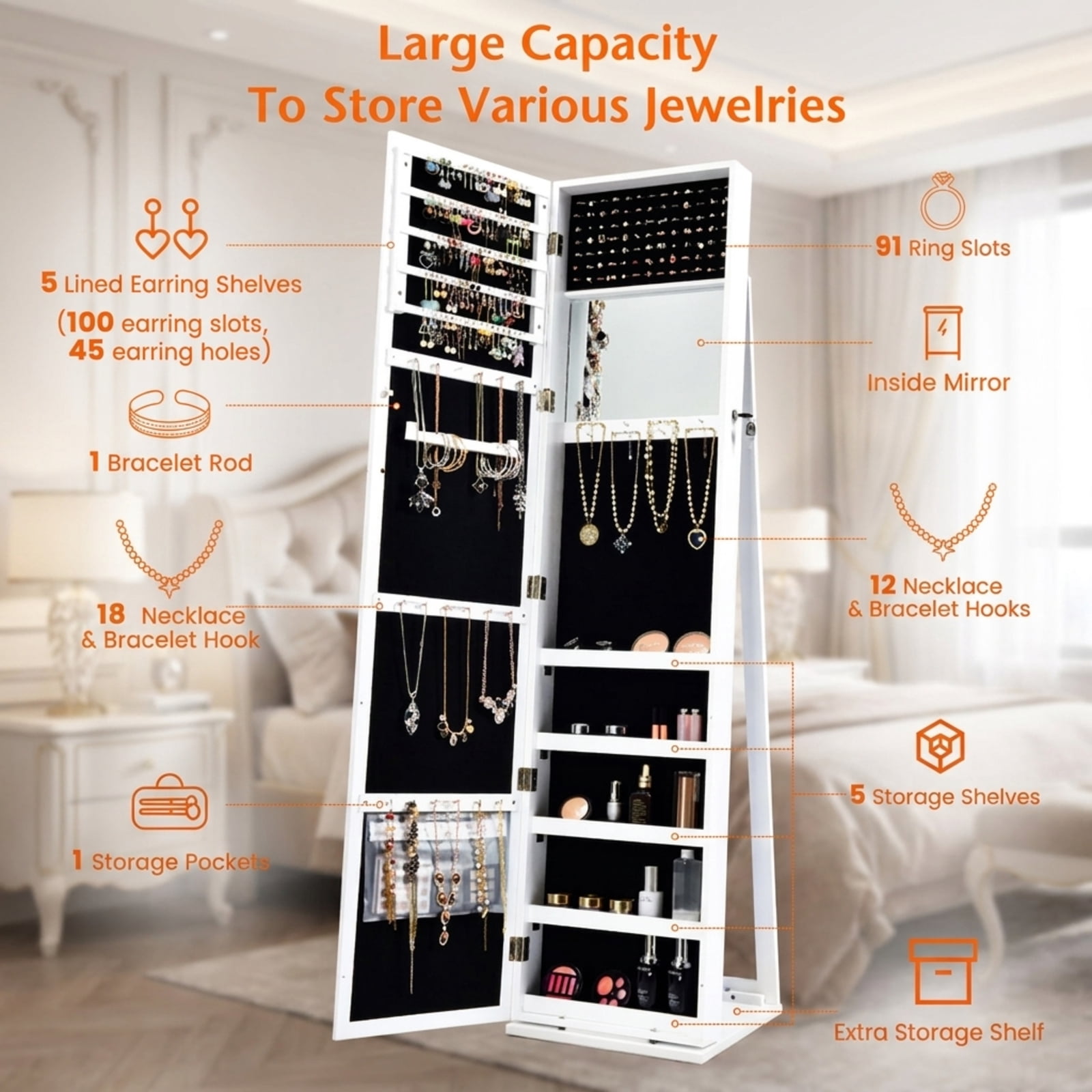 Furnibear Standing Lockable Jewelry Storage Organizer with Full-Length Mirror for Bedroom Dressing Room Jewelry Necklace Rings Storage Mirror, White