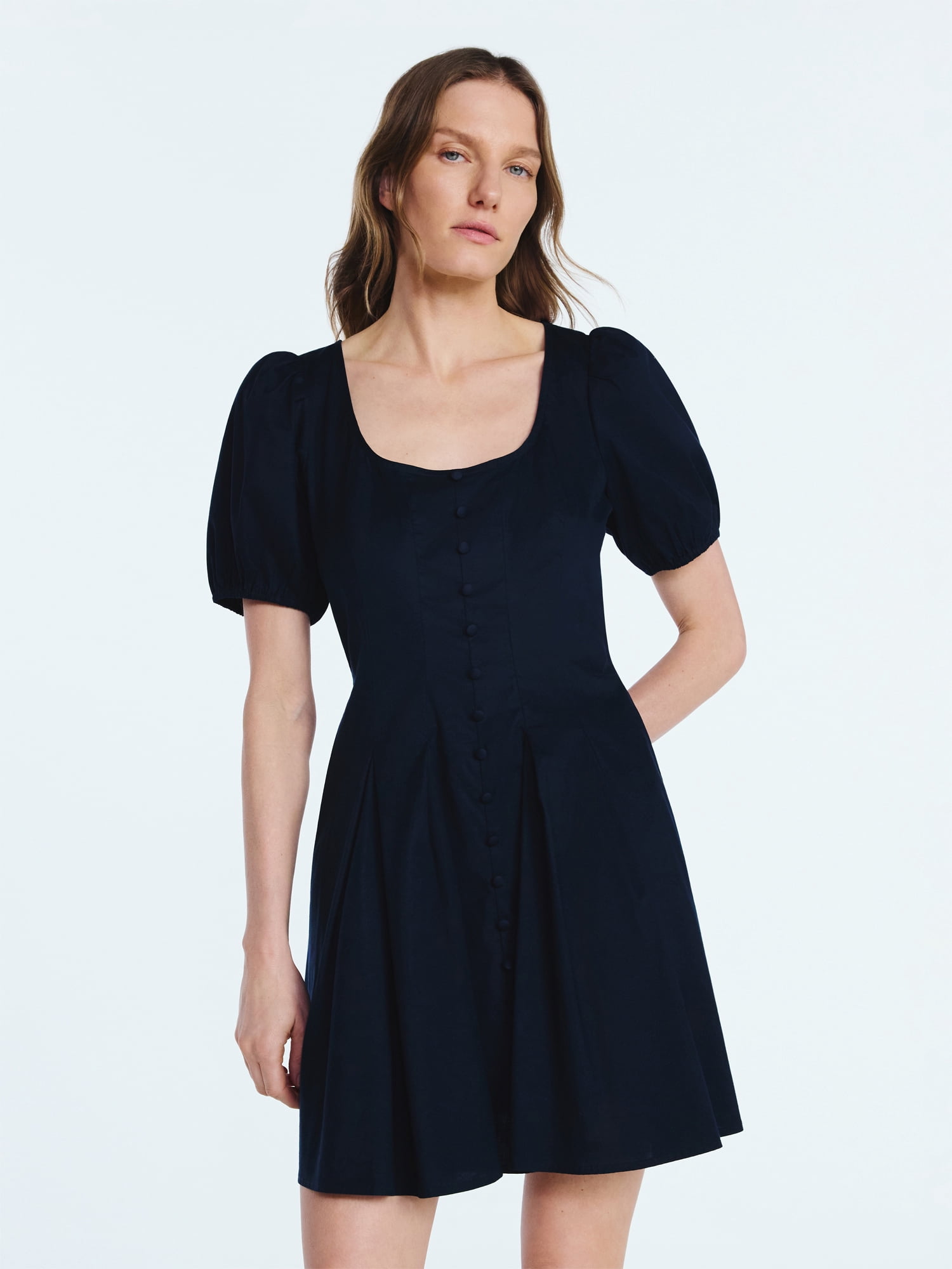 Scoop Women’s Button Front Mini Dress with Puff Sleeves, Sizes XS-XXL