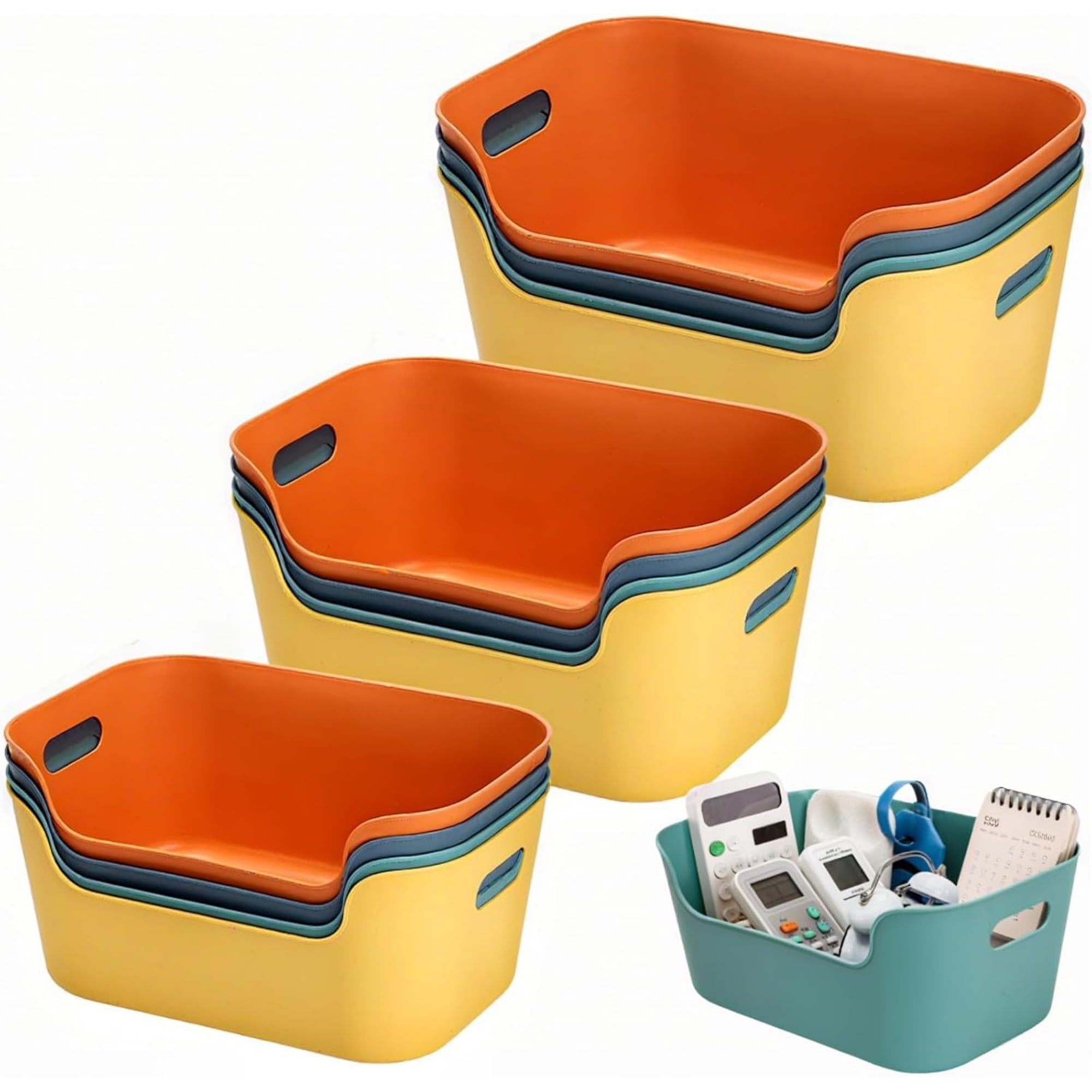 12 Pack Colorful Plastic Storage Baskets Classroom Organizer Bins with Built-in Handle Open Cubby Storage Bins Household Pantry Shelf Organization Containers for Office 3 Sizes