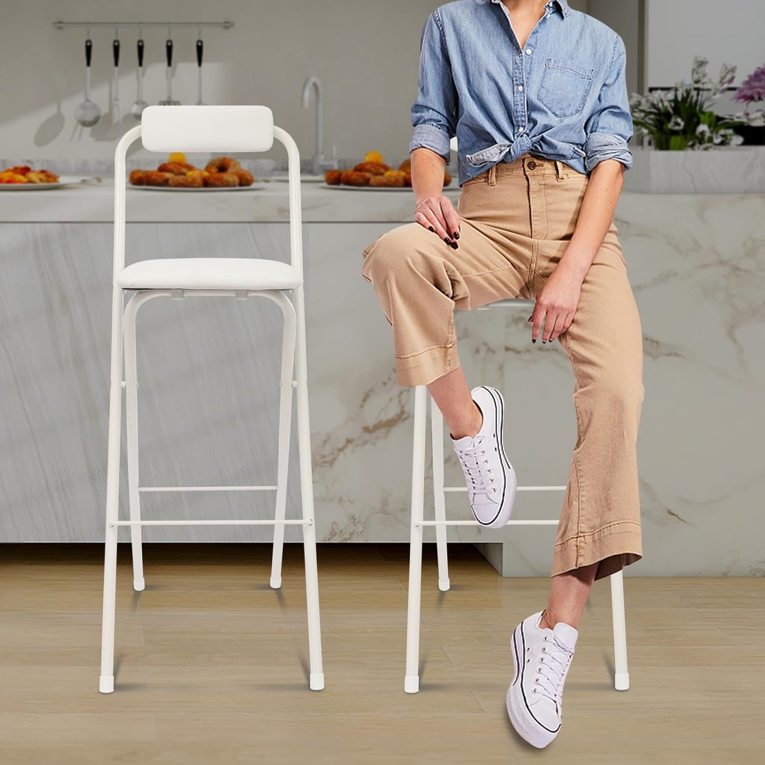 2pcs 30 inch Folding Bar Stool with Backrest - PU Cushioned Counter Height Stool, Portable Metal Frame Barstools for Outdoor, Camping, Kitchen, Shop, and Cafe (White)