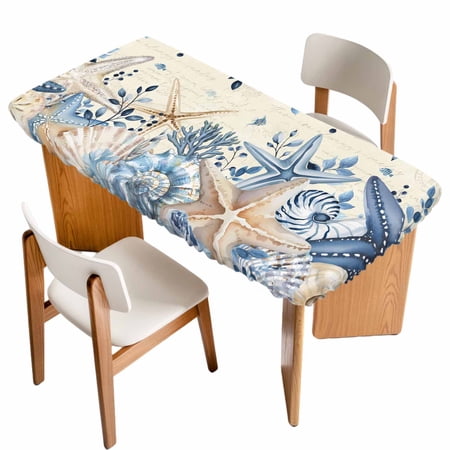 Blue Starfish Coastal Table Cloths for 6 Foot Rectangle Tables Eucalyptus Summer Nautical Shell Retro Patio Waterproof Elastic Fitted Tablecloths Washable Rectangular Table Cover for Camping