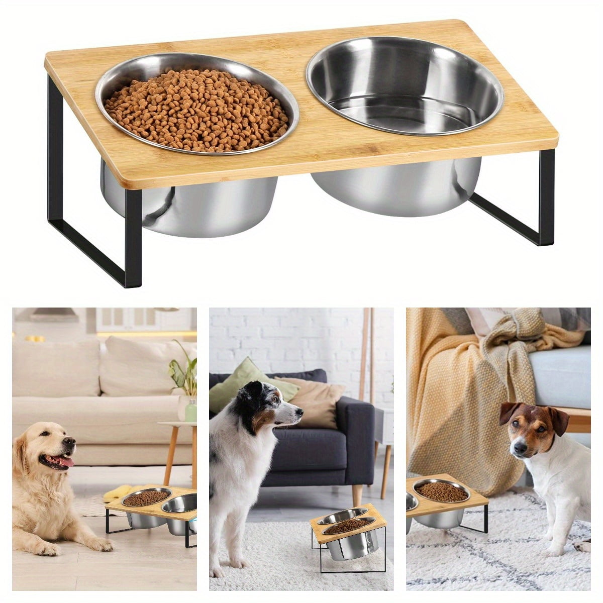 Bamboo Raised Dog Bowls 2 Pack with 10° Tilt, Elevated Pet Feeder Stand with 62.2oz Stainless Steel Bowls for Medium & Large Dogs or Cats