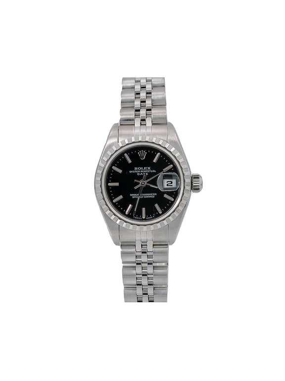 Pre-Owned Rolex Date 26MM 6924 Black Dial Engine Turned Bezel Stainless Steel Jubilee Bracelet