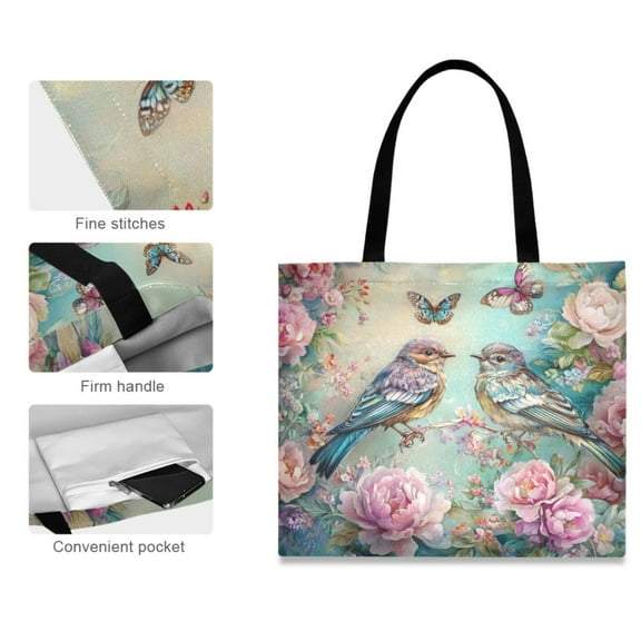 Canvas Tote Bag for Women Girls Design Print Cute Birds Butterflies Flowers Tote