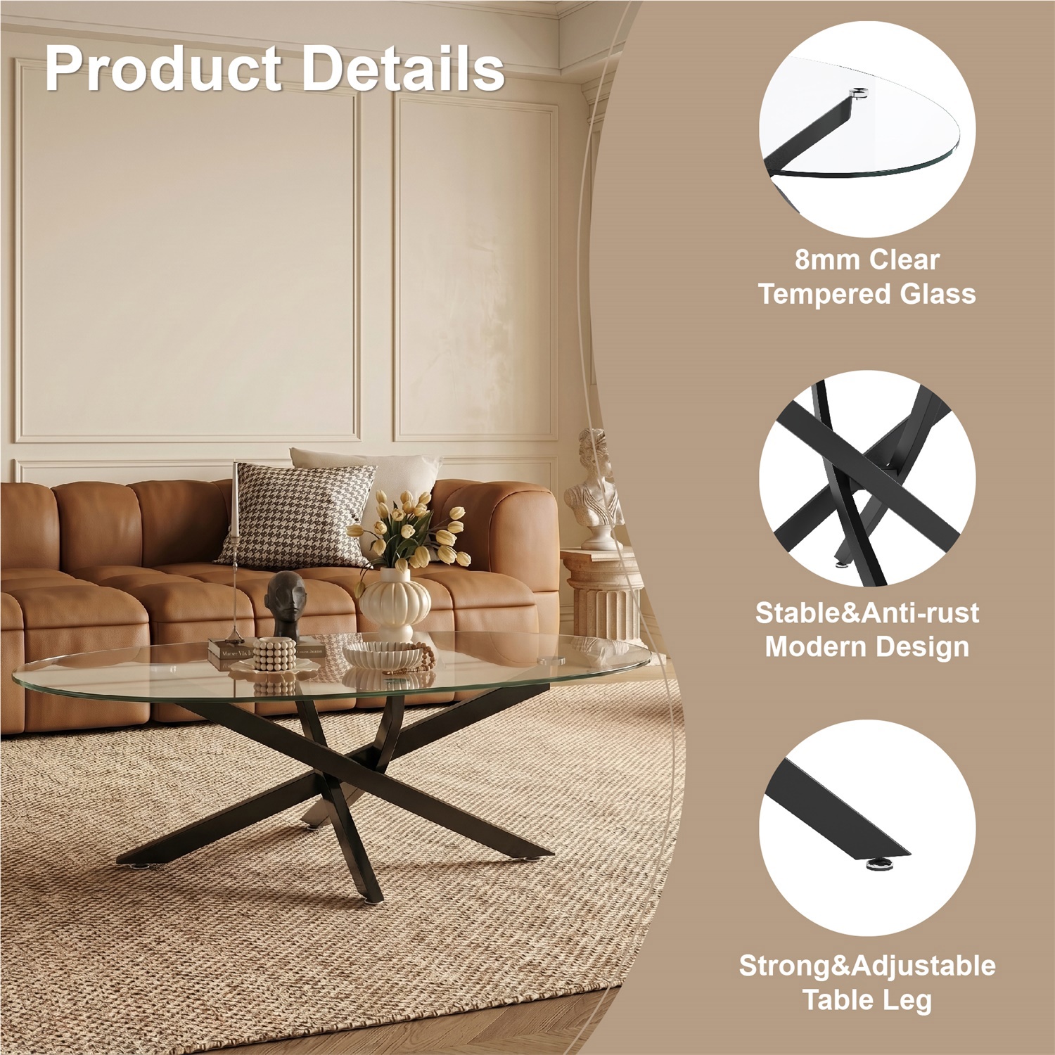 Hommoo Modern Oval Glass Coffee Table with Metal Legs, 39.4" Tempered Glass Living Room Side Table, Minimalist Tea Table for Small Spaces, Black
