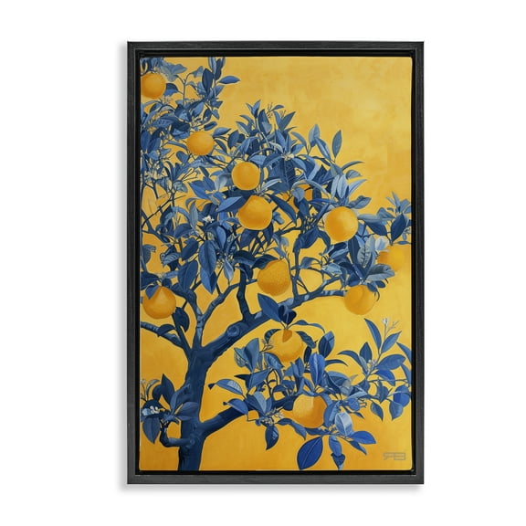 Stupell Industries Lemon Tree on Orange Food & Beverage Painting Black Floater Framed Canvas Art Print Wall Art, 17 x 25