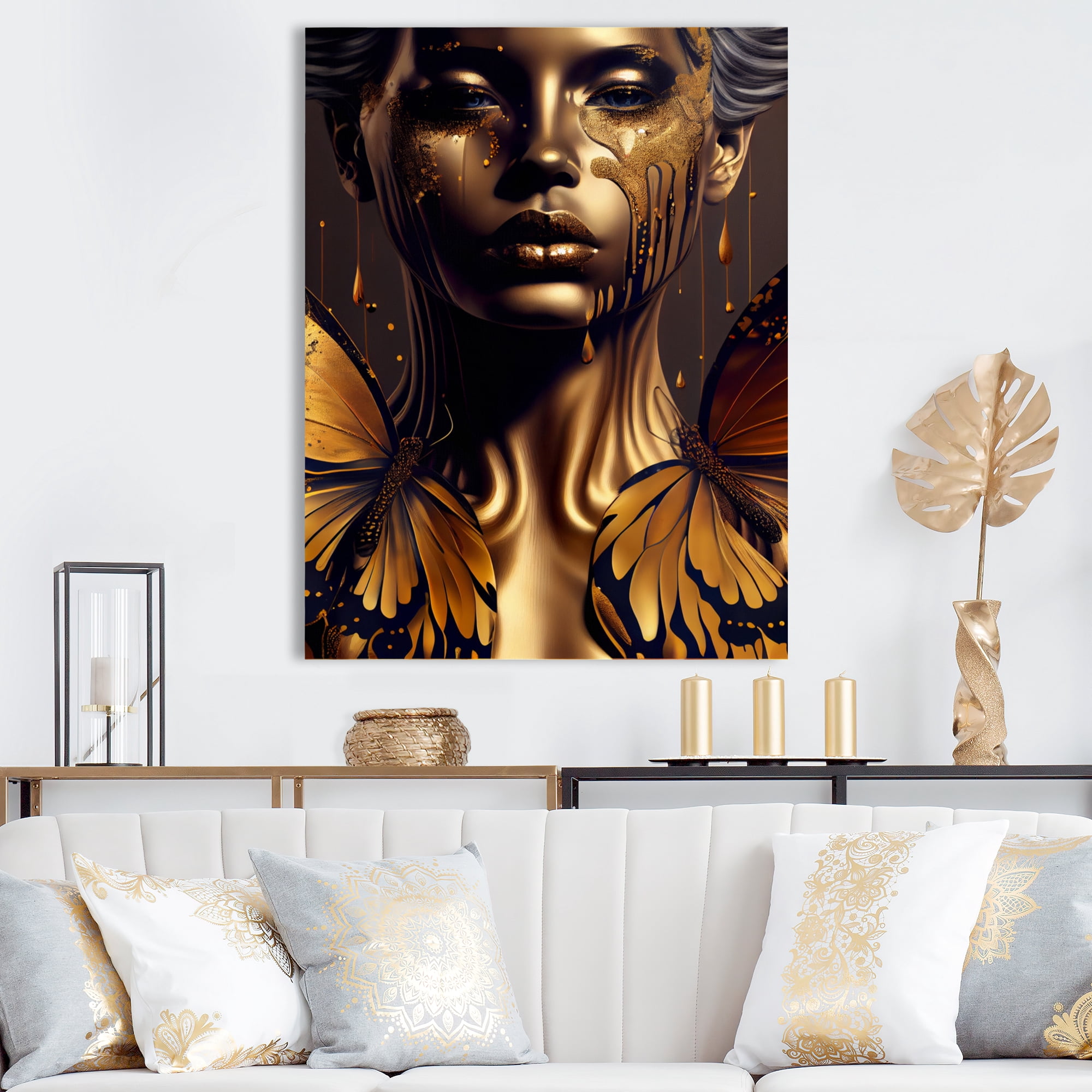 Designart Attractive Woman With Gold Butterflies IV Canvas Wall Art