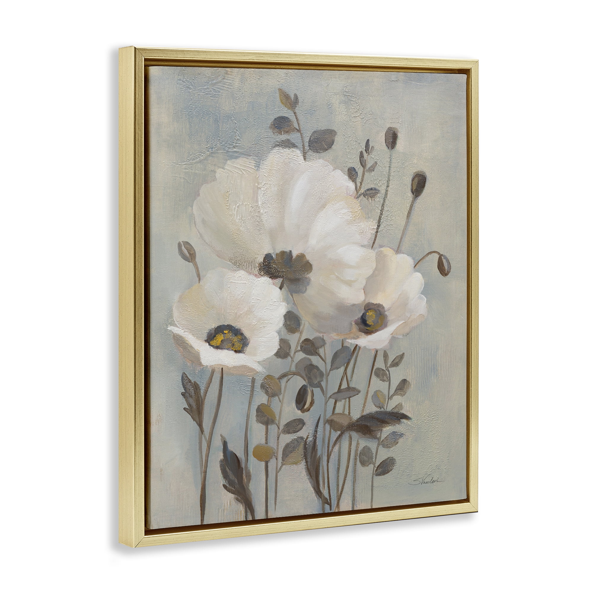 Stupell Industries Neutral Poppies Cluster Plants & Flowers Painting Gold Floater Framed Canvas Art Print Wall Art, 17 x 21