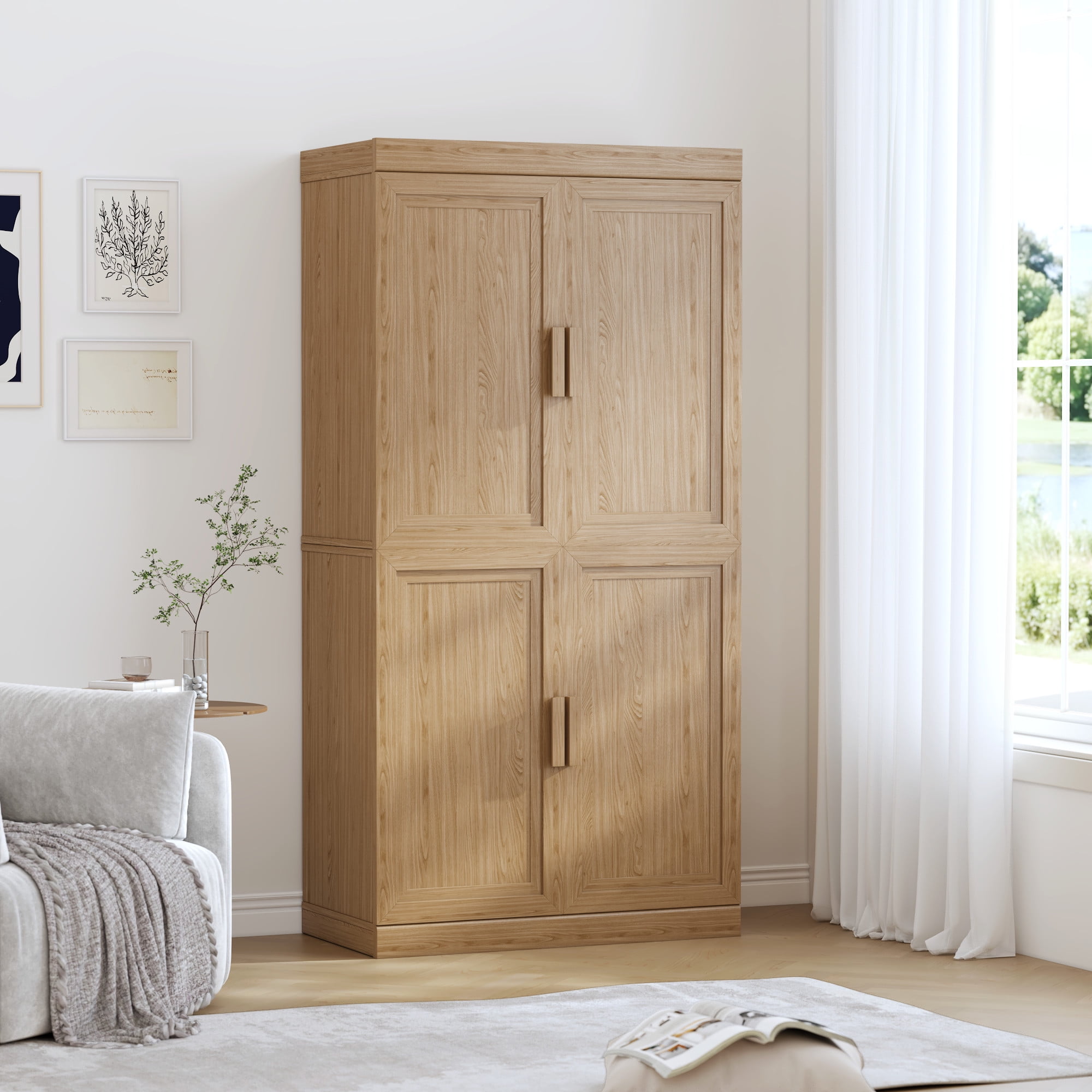 MAYEERTY 31*31*16" Modern Natural Wood Grain Storage Cabinet with Doors for Living Room, Bookshelf