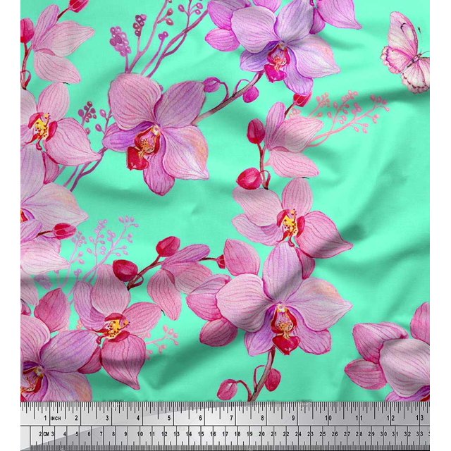 Soimoi Silk Fabric Bird & Orchids Flower Decor Fabric Printed Yard 42 Inch Wide