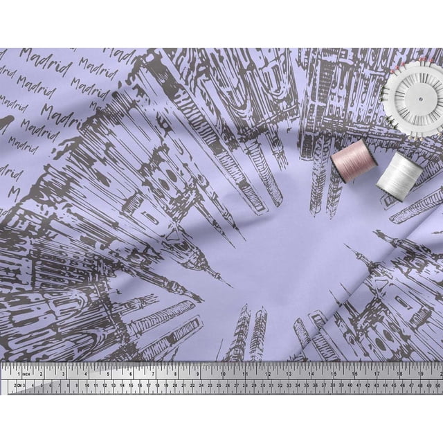 Soimoi Blue Moss Georgette Fabric Text & Monuments Architectural Print Fabric by the Yard 42 Inch Wide