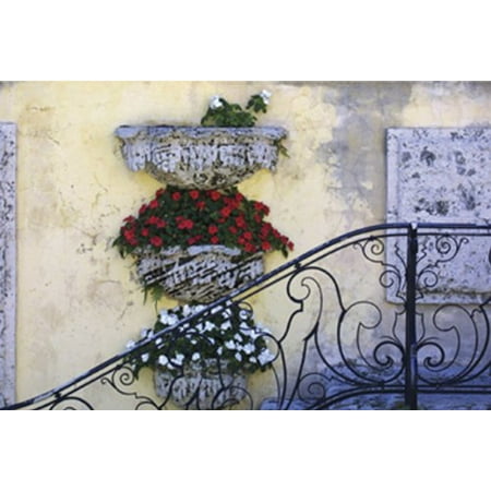 - Antique Iron Rail II by Barbara Ellison 5x7 PosterSTAIRWAY FRONT ENTRANCE FLOWER BOxES HAND RAIL VINTAGE FLORAL STEPS