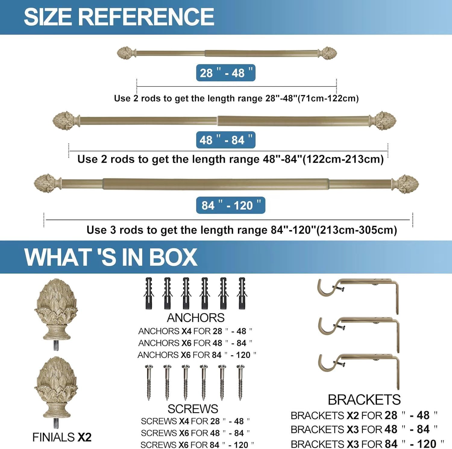Urbanest Adjustable Single Curtain Rod Set Artichoke Finials – 1 - Inch Diameter, With Cottage Rod, 48–84 Inches