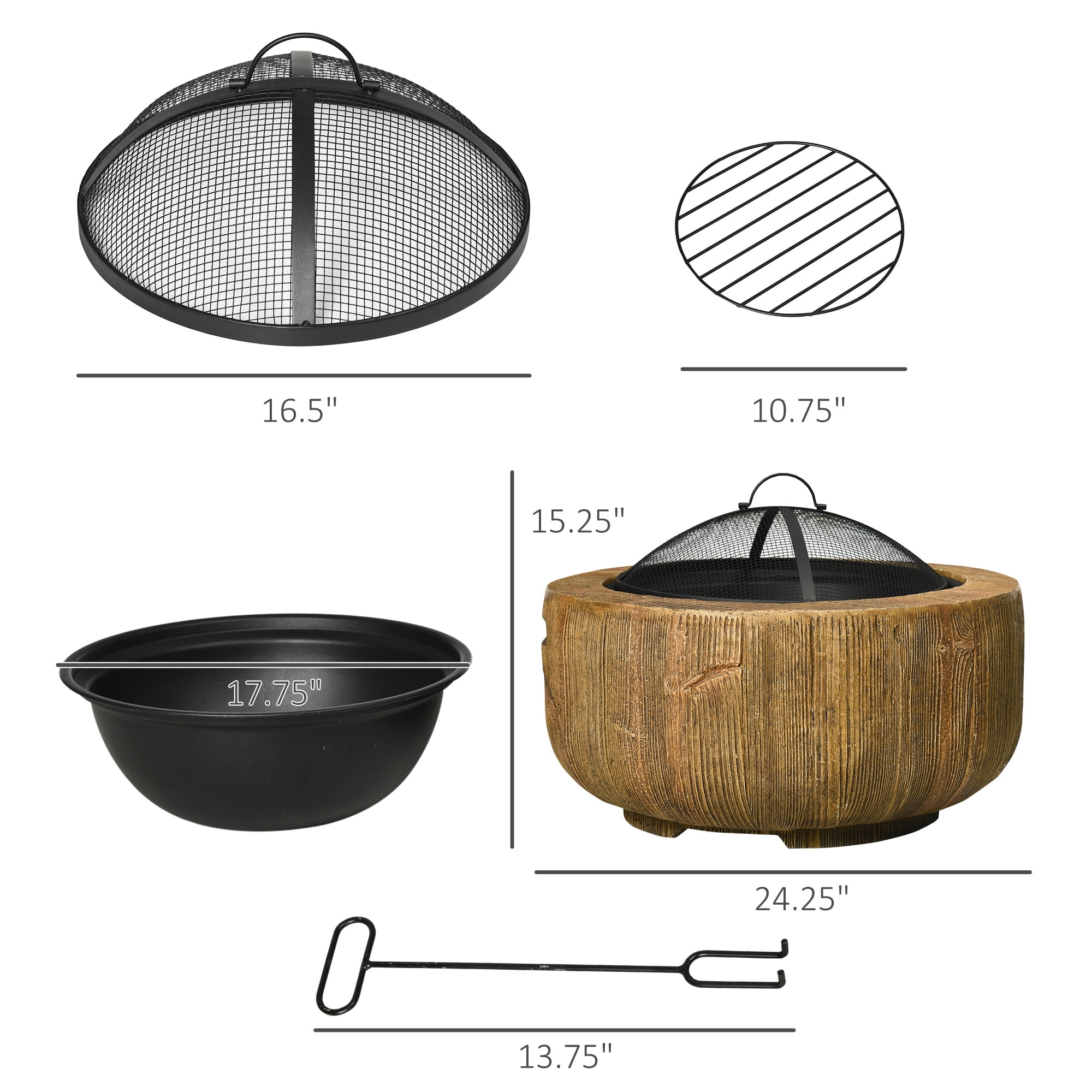 Outsunny Outdoor Fire Pit, 24 Inch Metal Wood Burning Fireplace with Spark Cover, Poker, Woodgrain Design for Patio, Picnic, Backyard, Light Brown