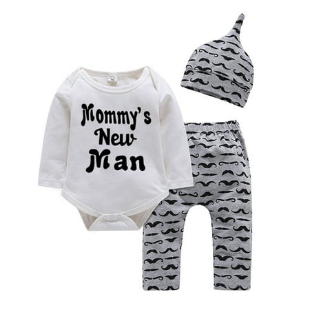 

QWERTYU Newborn Infant Baby Toddler Boy Bodysuit and Pants Set Clothes Set Long Sleeve Outfits Letter Print with Hat 0-2Y Gray 70