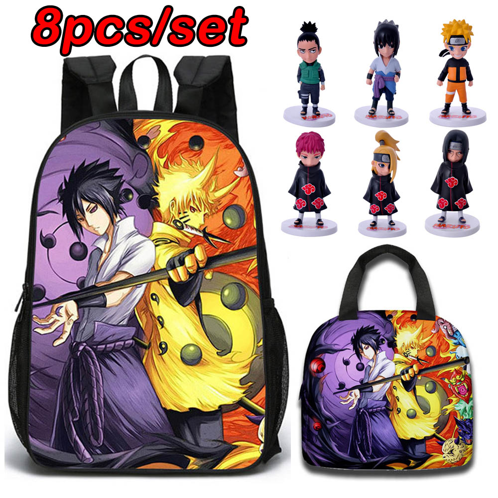 8pcs Anime Naruto Double Sided Backpack With Lunch Bag 8 Dolls,Naruto