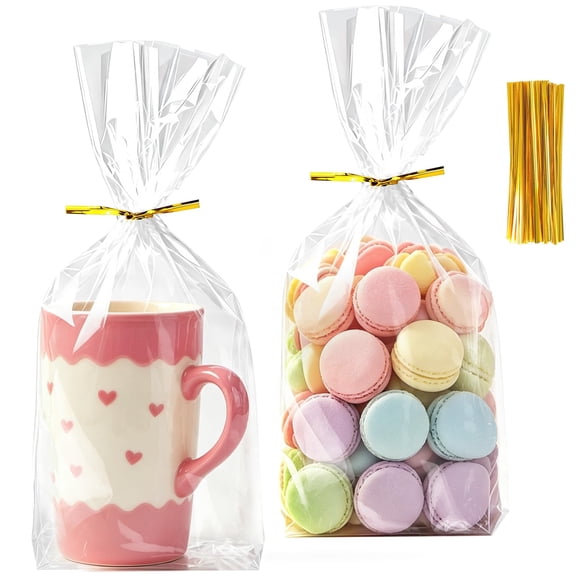 7x12 Inch Clear Gift Bags - 50 Pcs Bottom Gusset Cellophane Treat Bags with 60 Gold Twist Ties for Party Favors Packaging, Gift Mug Wrapping, Plastic Goodie Bags for Cookies, Candy& Popcorn