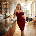 thumbnail image 3 of Women's Elegant Ruched Bodycon Midi Dress Off Shoulder Short Sleeve Cocktail Evening Dress, 3 of 5