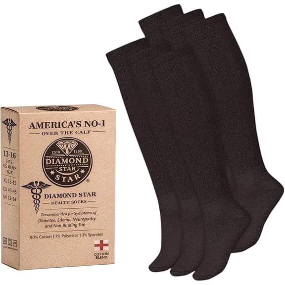 Diamond Star Diabetic Over the Calf, Non-binding Premium Cushion Cotton Knee High Comfortable Socks for Men (Brown - 6 Pairs, Socks Size 13-16)