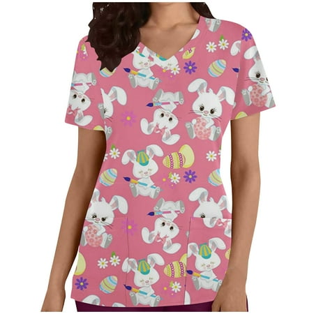 

SMihono Women s Fashion Tunic Scrub Tops with Pockets Short Sleeve Womens Tops Happy Easter Day Print Tees Summer 2023 V Neck Shirts Comfy Flowy Nurse s Working Uniform Blouse Pink 4