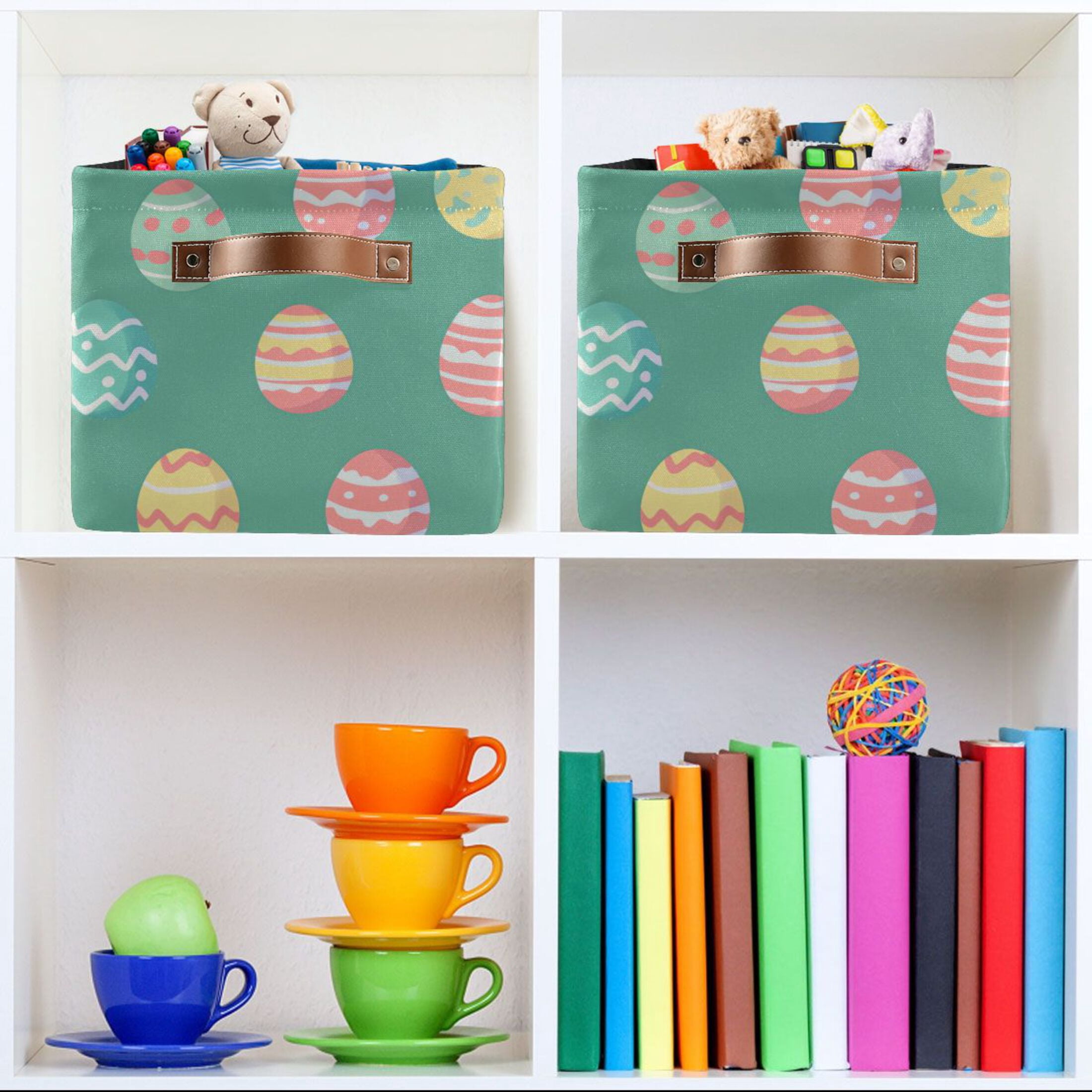 WOBOGO A Pattern Of Colorful Easter Eggs Square Storage Basket with Waterproof Canvas and PE Lining Durable PU Leather Handles 14.2×10.2×8.3in