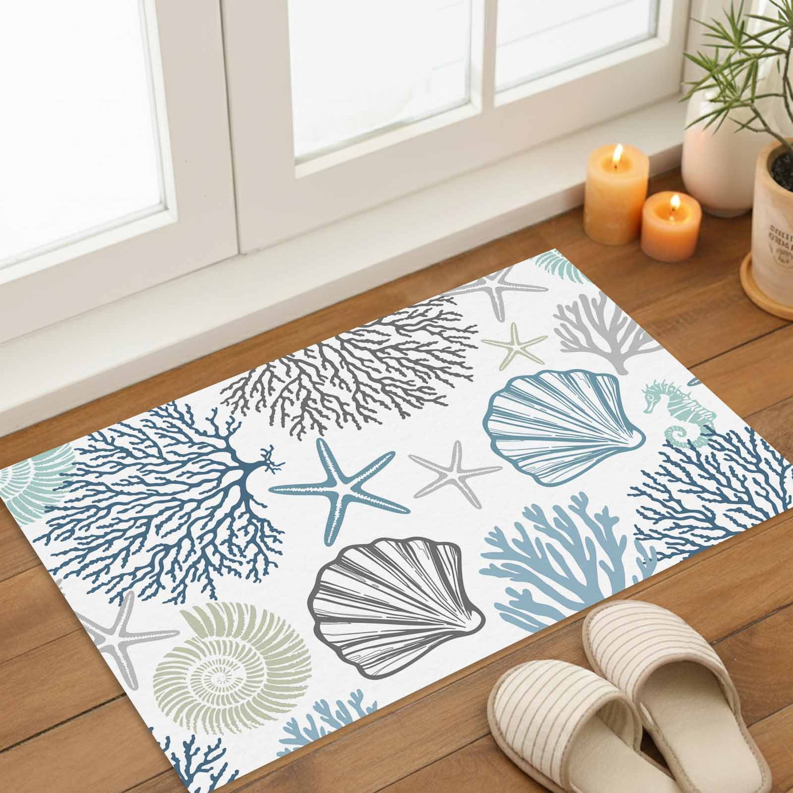 Navy Blue Teal Coastal Indoor Door Mat - 18"x30", Non-Slip Welcome Mat for Outdoor, Summer Beach Coral Shell Ocean Front Doormat for Entry, Low-Profile Doormat Entrance Rug for Kitchen/Bathroom