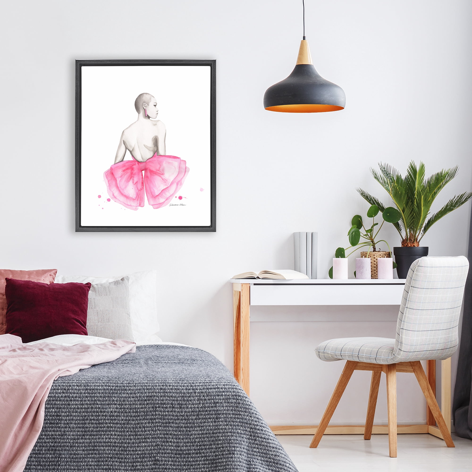 Stupell Industries Pink Bow Portrait From Behind Black Framed Floater Canvas Wall Art, design by Simone Elum