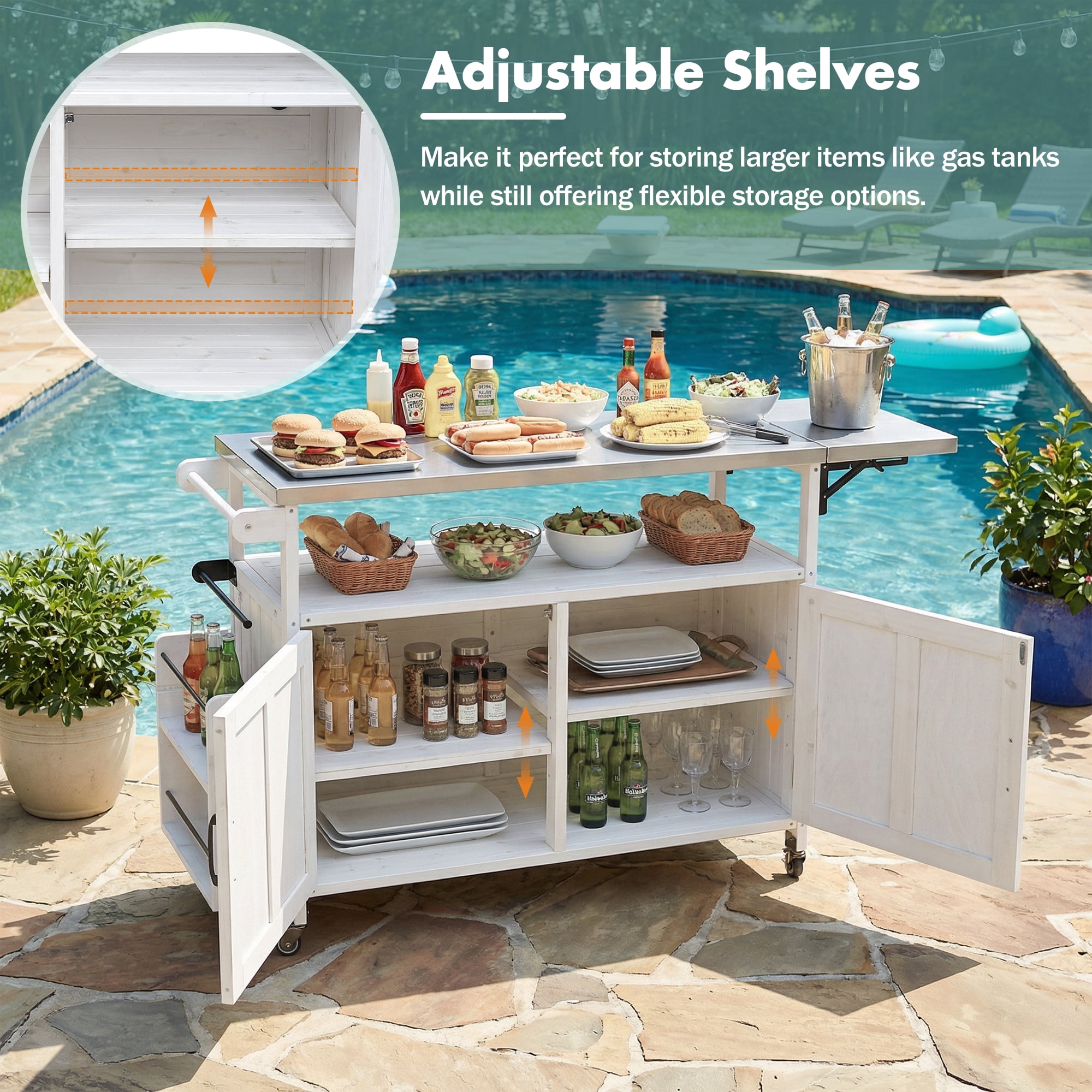 Mobile Cooking Island, Foldable Outdoor Patio Kitchen Cart, White