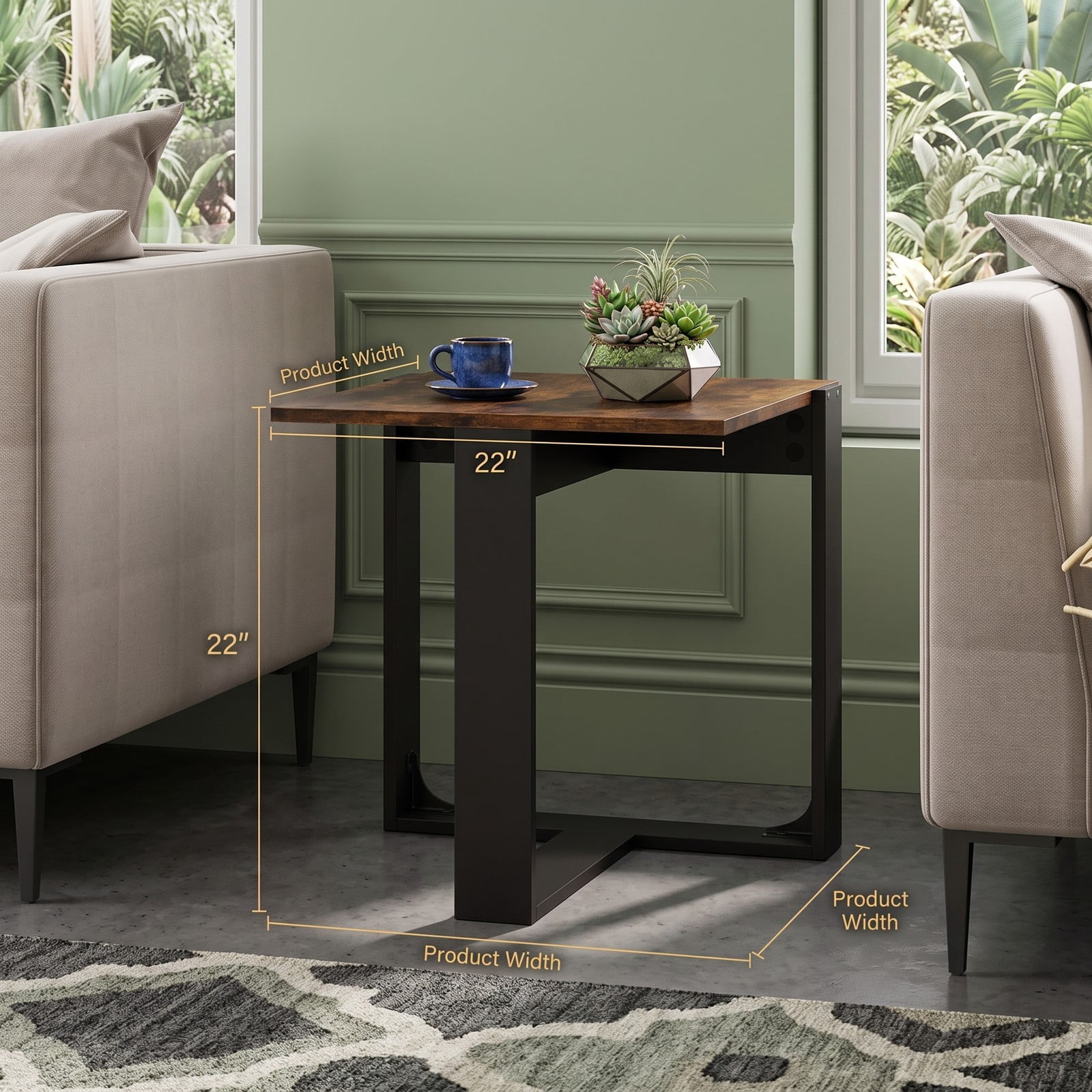 Furnibear Industrial Sofa End Table with Metal Frame, Wood Side Table Nightstand with T-Shaped Base for Living Room Bedroom, Space-Saving Media, Rustic Brown & Black