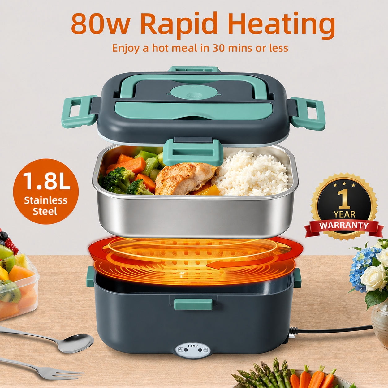 DCUTIE 1.8L 80W Heated Lunch Box for Adults, Food Warmer Lunch Box for Rice Meals