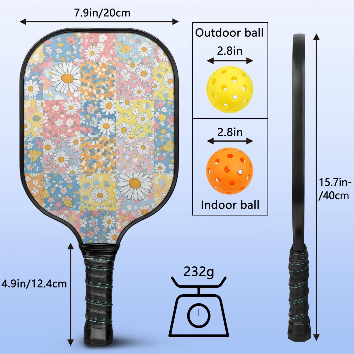 Pickleball Paddles Set,Pioneer Flower Floral Print Pattern Fiberglass Surface Pickleball Racket Set with 2 Indoor Outdoor Pickleball Balls and Pickleball Bag,Pickle-ball Equipment
