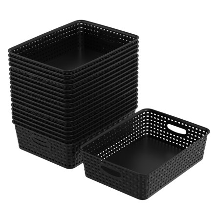 Qqbine 18 Packs Plastic Weave Storage Baskets, Woven Plastic Basket Large, Black