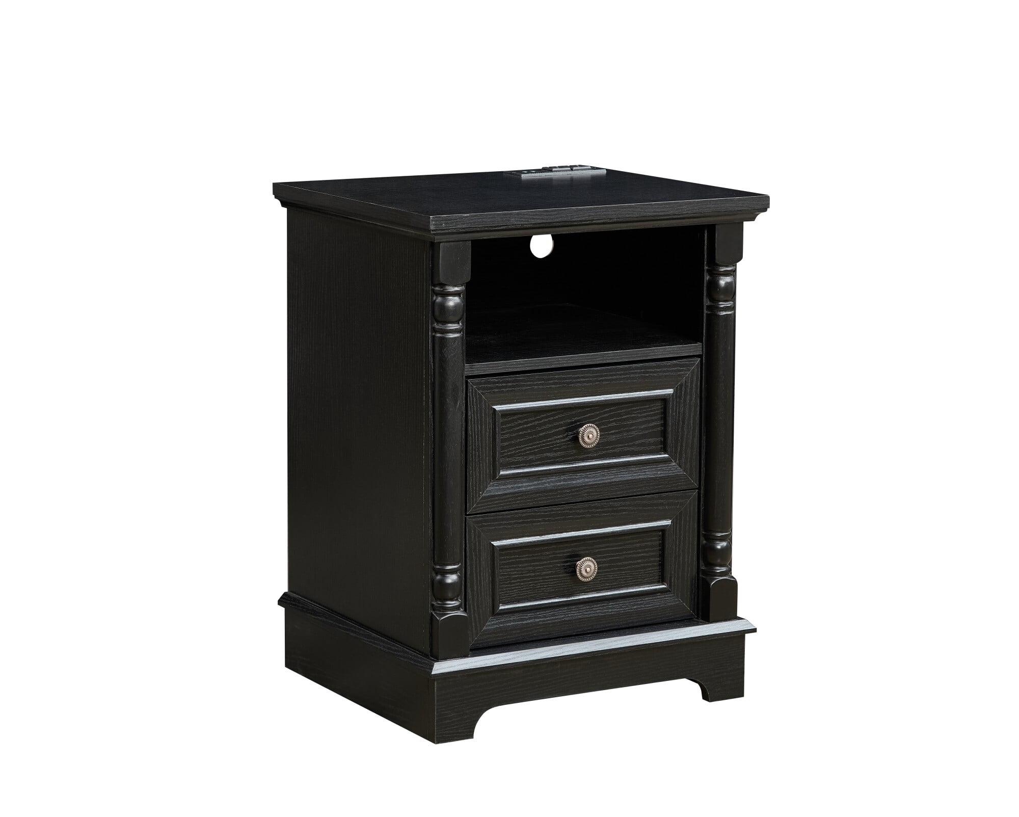 AENKYO Farmhouse 2-Drawer Nightstand with Charging Station, Rustic Wooden End Table for Bedroom & Living Room, Black