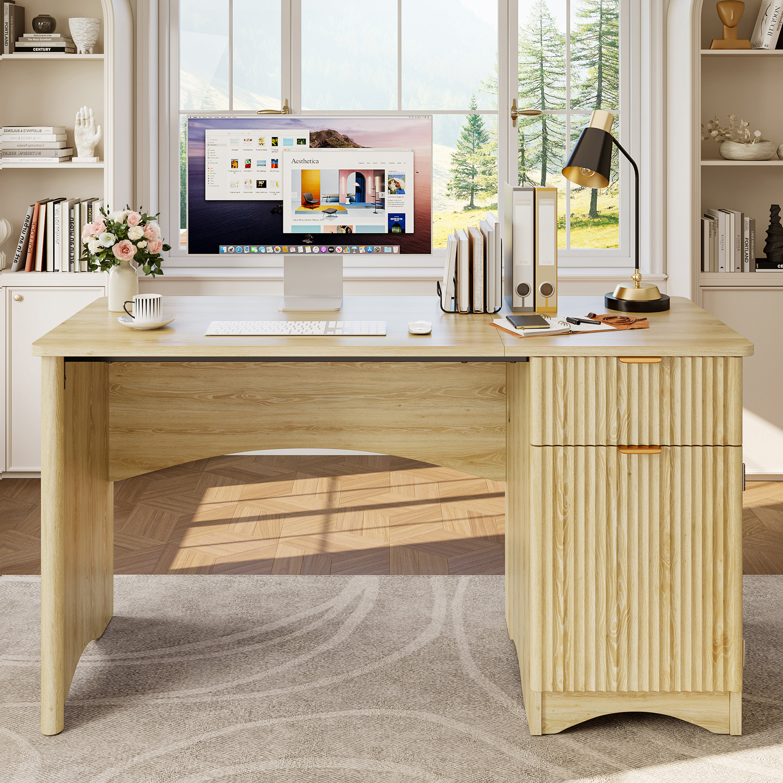 Bestier 47" Computer Desk With Storage Cabinet, Oak photo 7