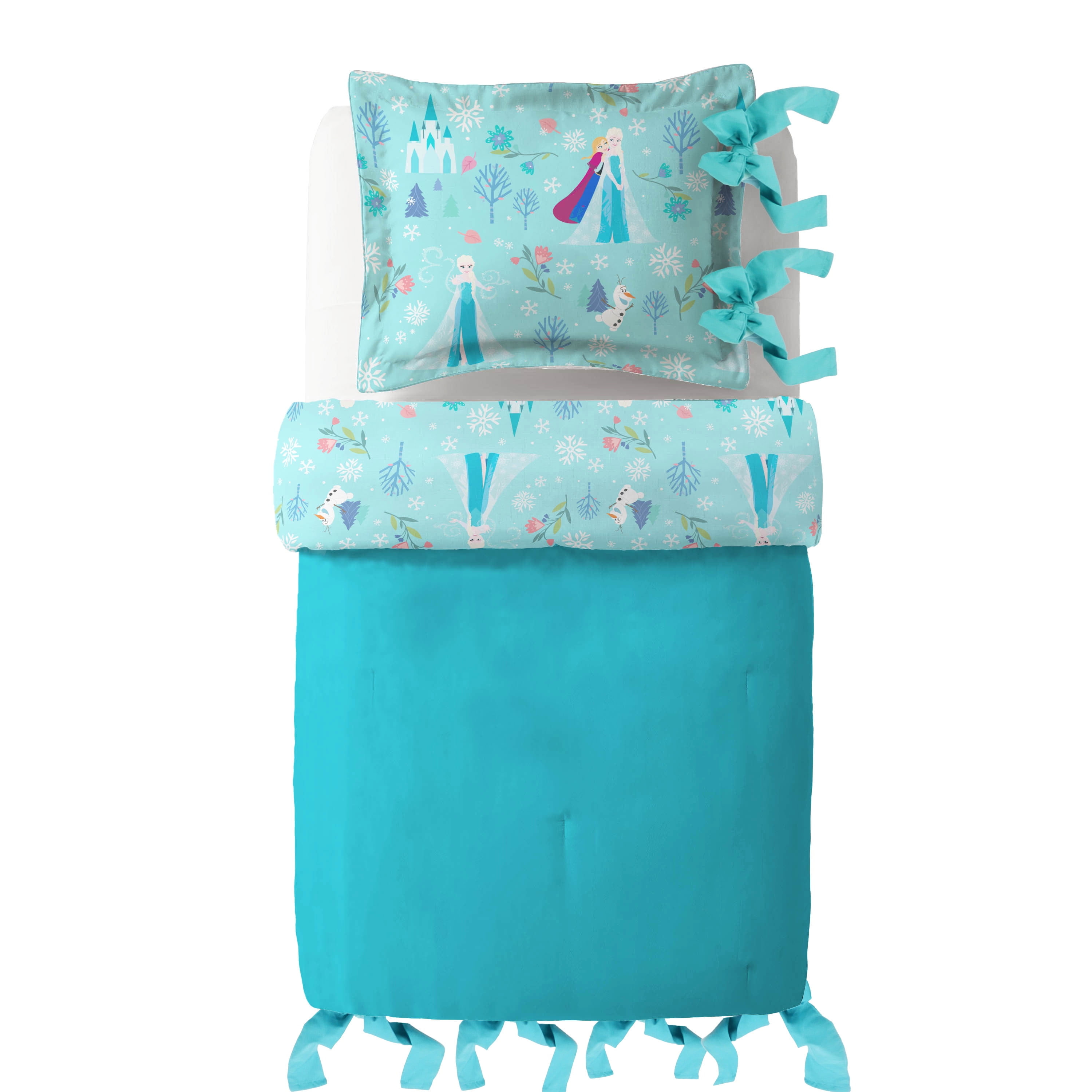 Disney Frozen Icy Adventure Reversible Comforter and Sham Bedding Set With Ribbons, Blue, Twin/Full