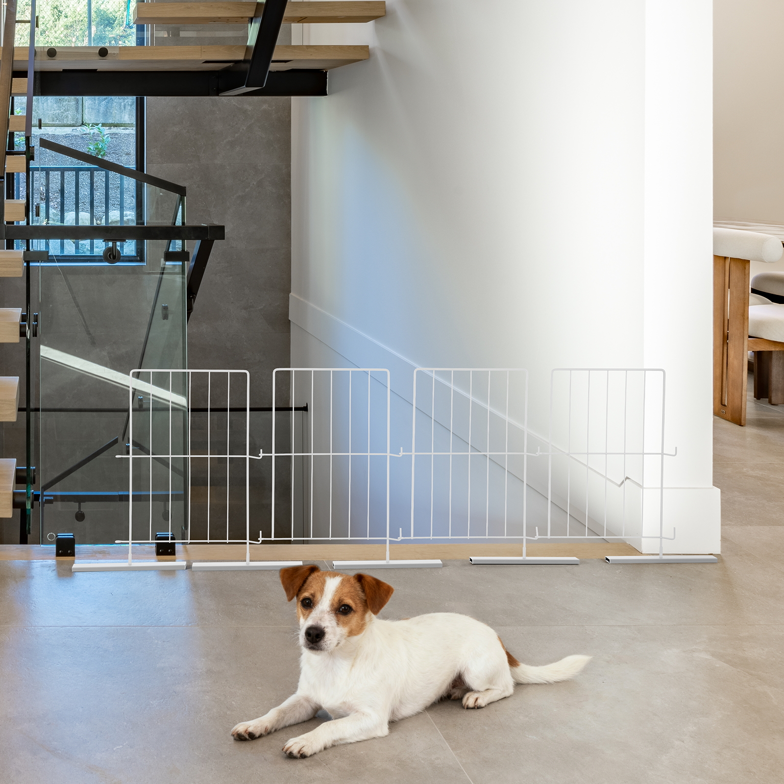 4 Panels Pet Gate for Puppies - Expandable Dog Fence Freestanding, Pet Barrier, Stable in Multiple Shapes, Easy Step Over Design for All Dog Sizes - White