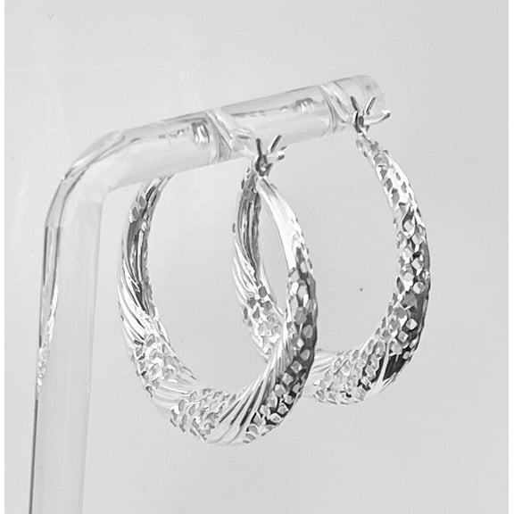Sterling Silver Diamond Cut Hoop Earrings 1 1/4" Long - Item 8013
