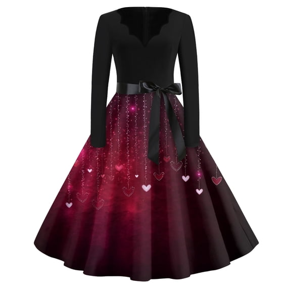 Fgvctg Valentine'S Day Tea Party Dresses For Women Romantic V Neck Cocktail Dresses Cute Heart Print Fashion 50S Tea Dress Long Sleeve Vintage Dressy Outfits Hot Pink 2XL