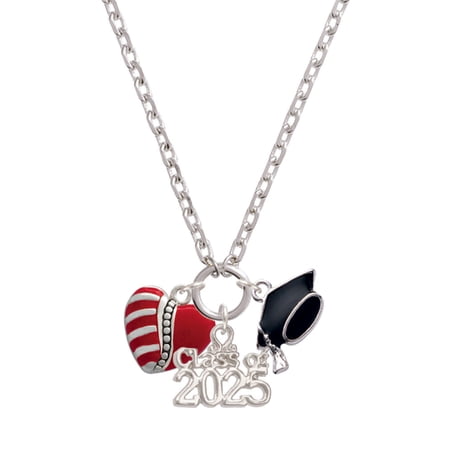 Delight Jewelry Silver-tone Striped Red Enamel Heart with Beaded Decoration - Silver-tone Class of 2025 Graduation Zoey Necklace, 28"